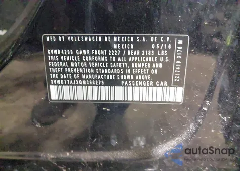 2016 Volkswagen Jetta 1.8T Sport z USA, uszkodzony, nr VIN 3VWD17AJ3GM396279